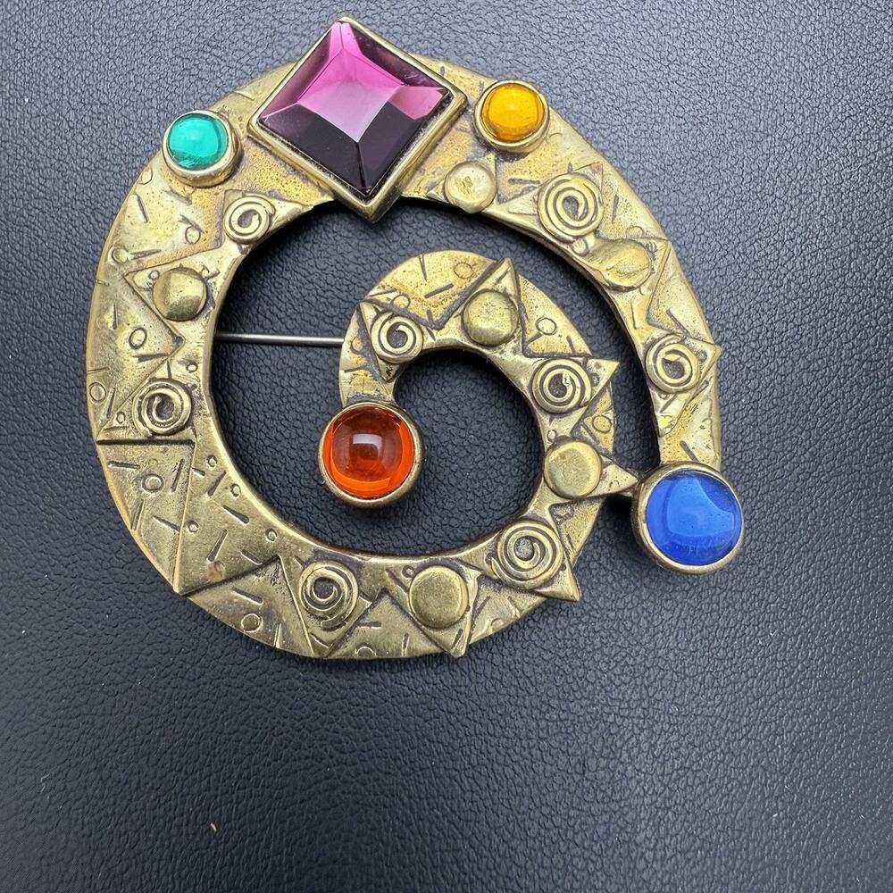 Vintage Deborah Roberts Bronze Spiral Brooch Multi Color Glass Stones Signed